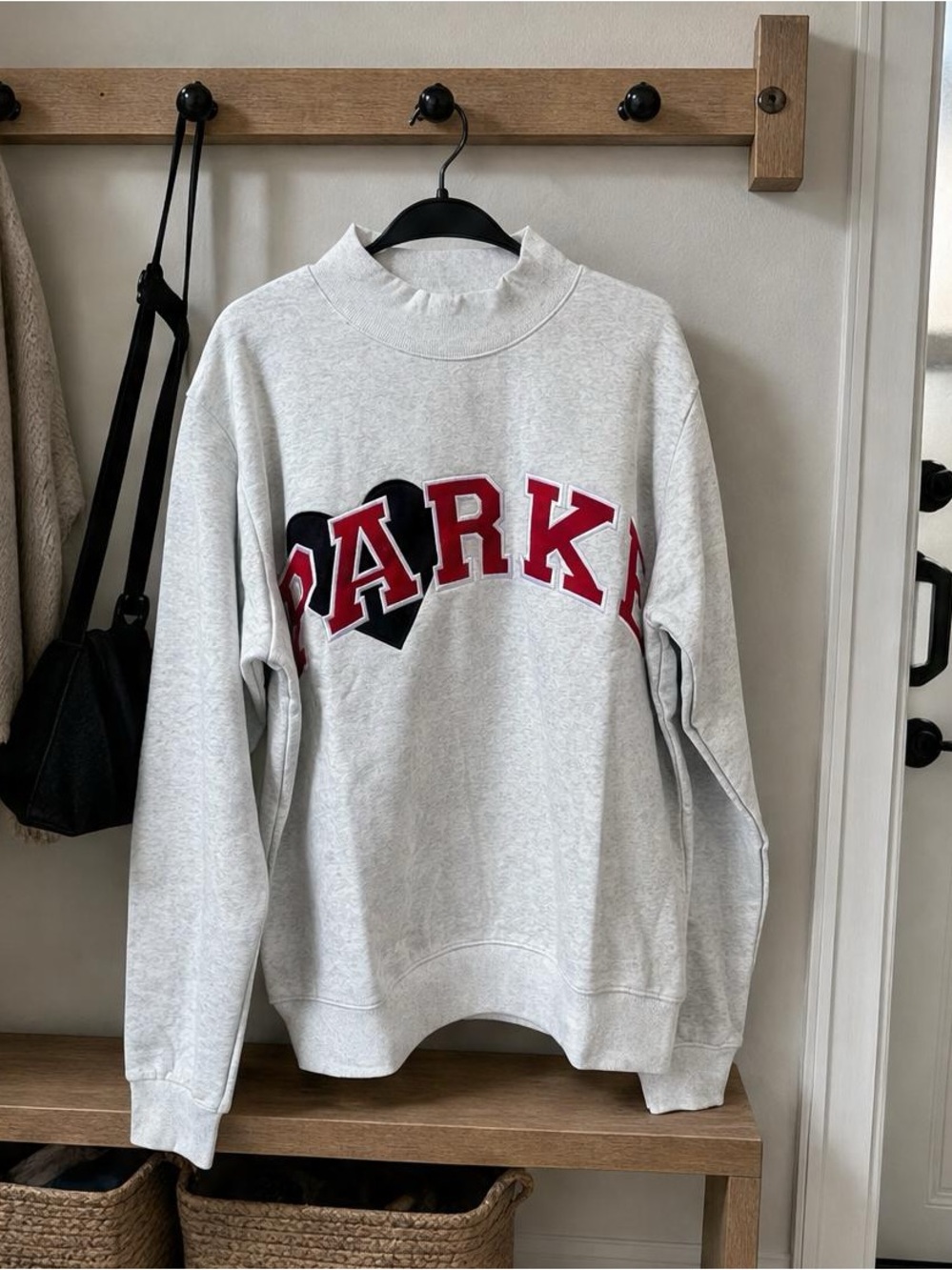 Light Gray Graphic Pullover Sweatshirt with Red Lettering